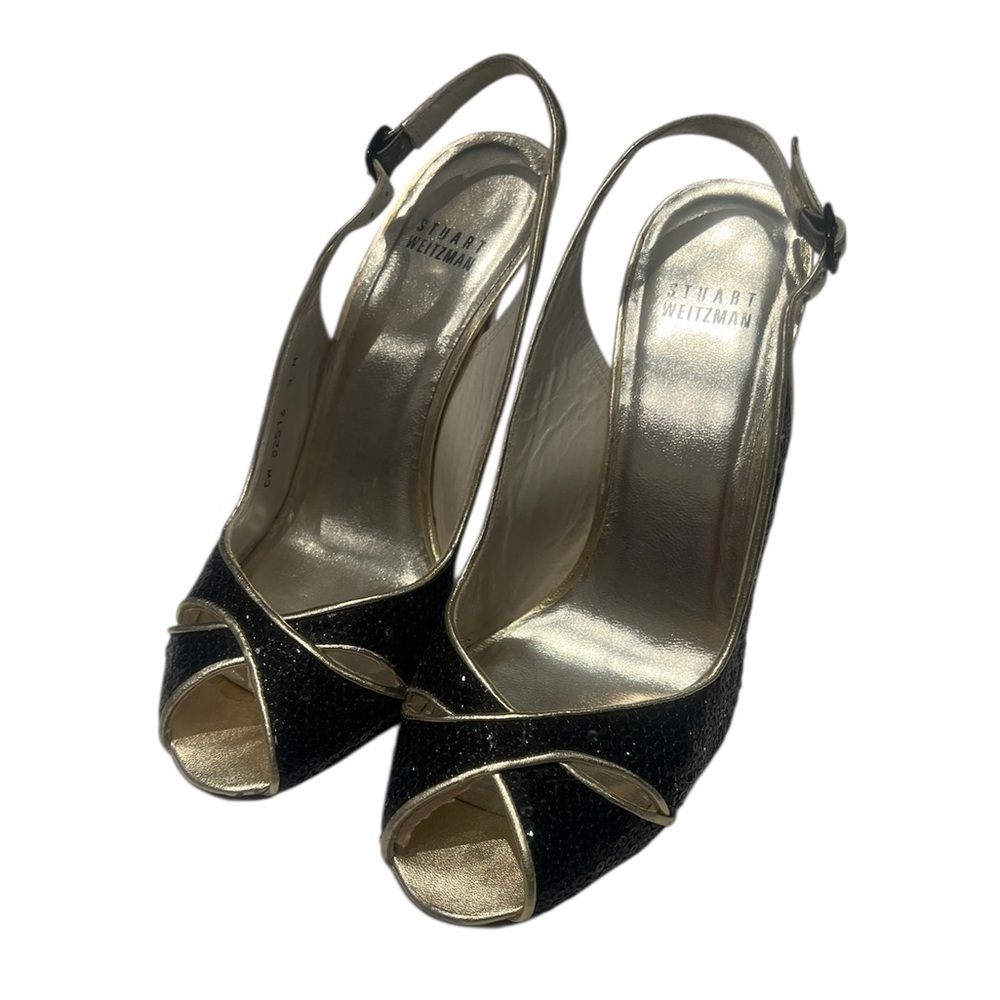 Stuart Weitzman Black & Gold Glitter Slingback Heels – Size 8